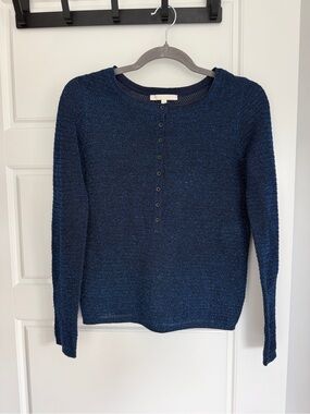 Maje Navy Blue Button-Placket Crewneck Sweater